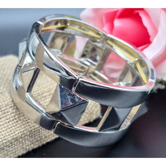 Silver Tone Statement Stretch Bracelet Studded Punk Goth - Picture 1 of 6